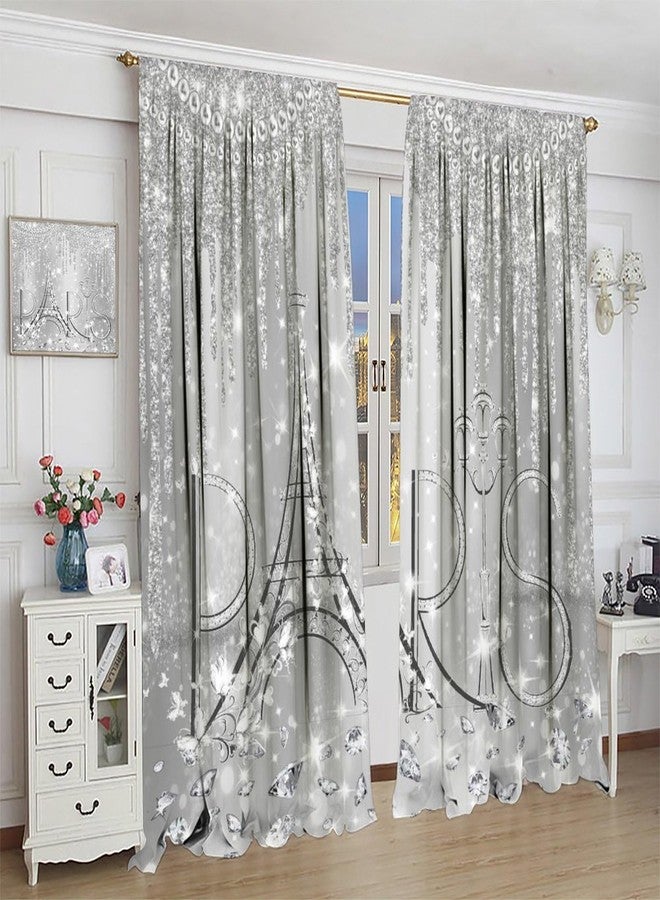 AAVEUP Paris Curtains for Girls Silver Glitter Diamond Romantic Eiffel Tower Waterproof Curtain Luxury Pearls and Jewels Windows Treatments for Bedroom Living Room Kitchen Bathroom 42x45in（No Blackout） - Image 4